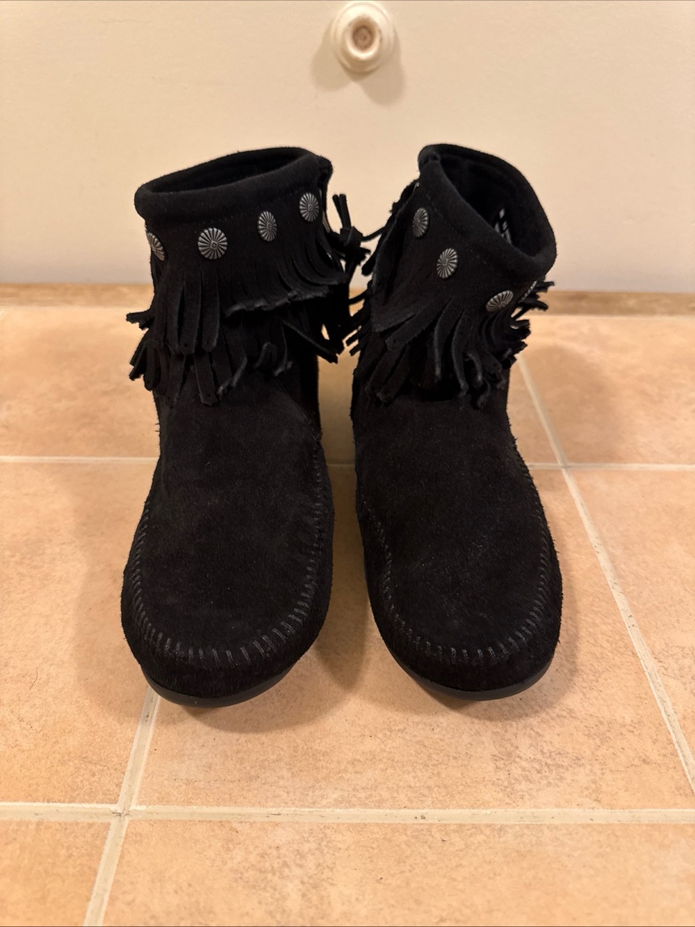 Minnetonka Black Suede Fringe Moccasin Boots